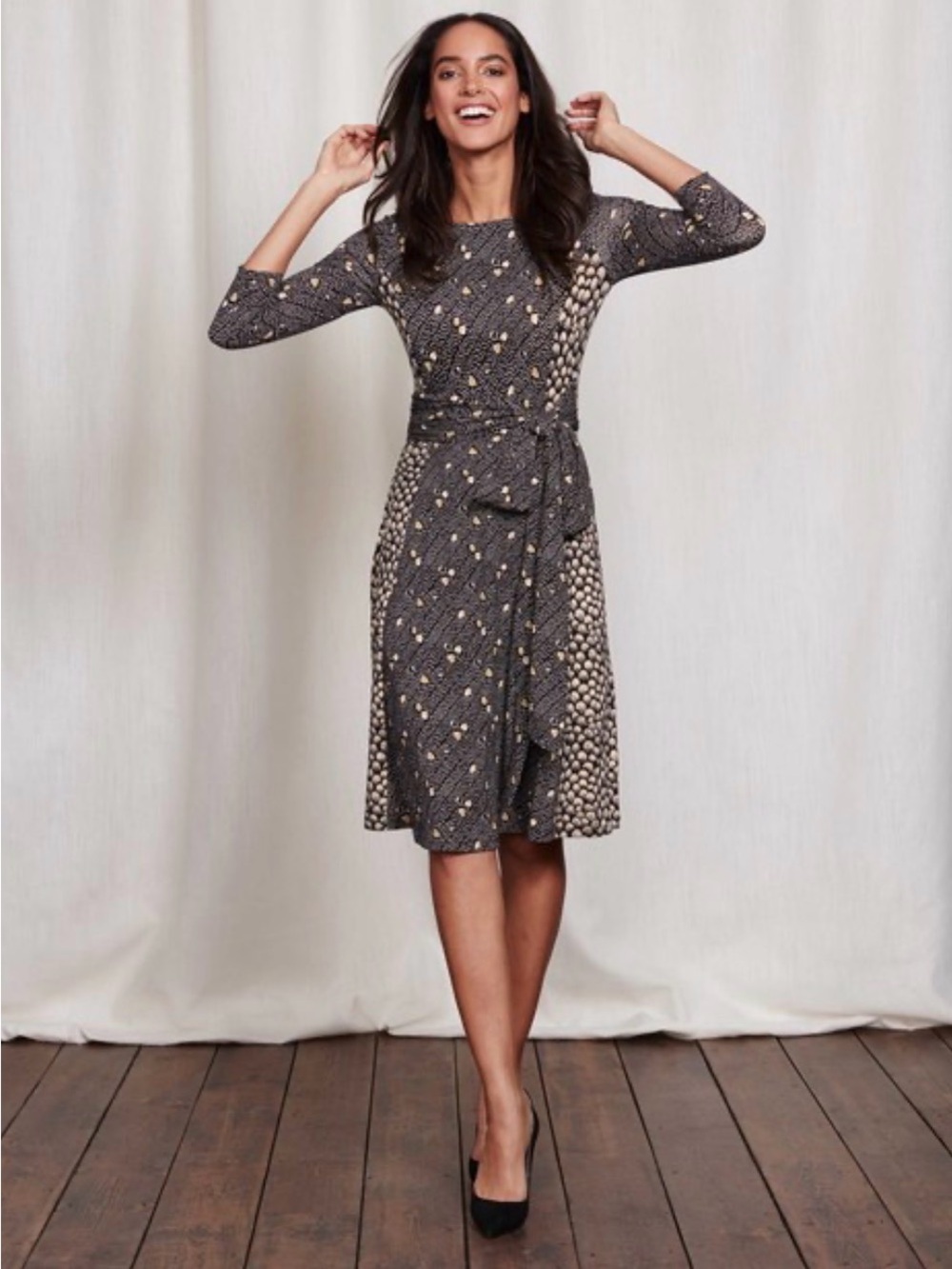 Boden Black and Cream Printed Tie-Waist Midi Dress